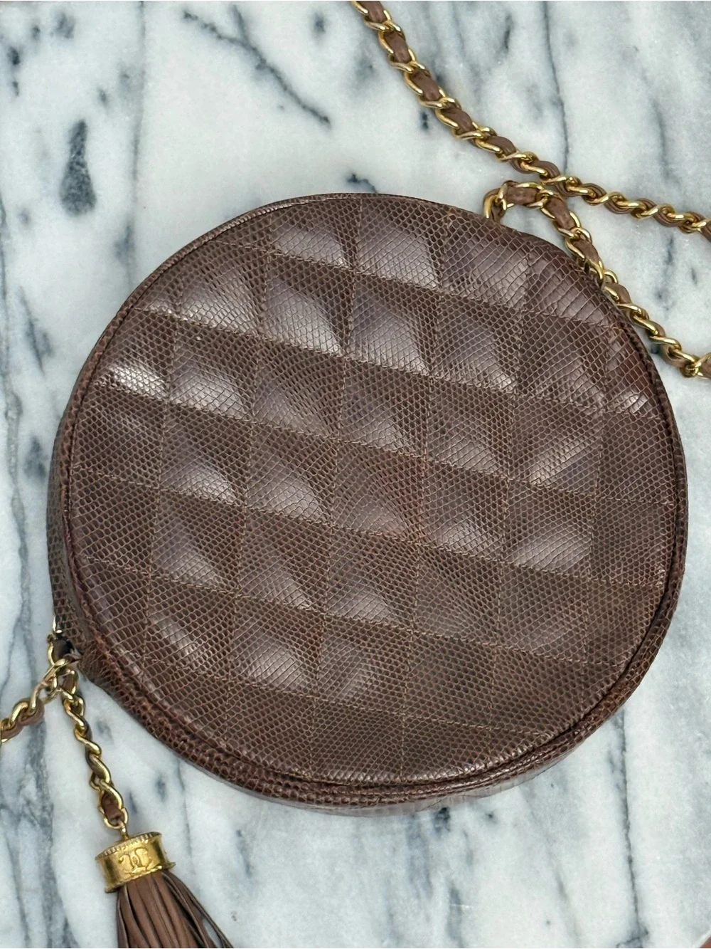 Vintage Chanel Brown Lizard ‘Round as Earth’ Shoulder Bag w/ Tassel Pre 1986